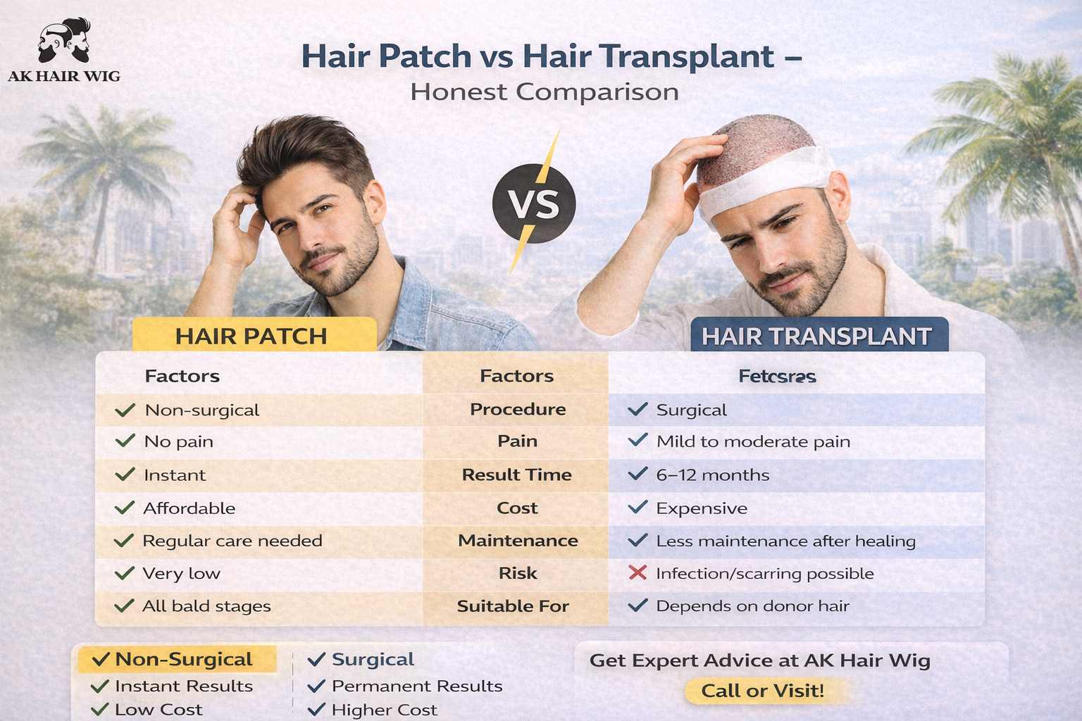 Hair Patch vs Hair Transplan-Hair Patch in Kolkata-AK Hair Wig